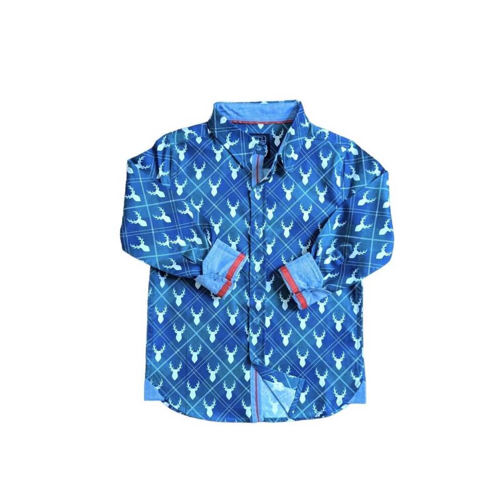 NEW TUKTUK DESIGNS boy's reindeer plaid long sleeve shirt in blue